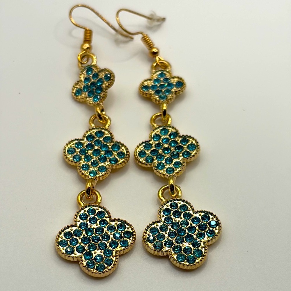 Gold and Blue 4 Leaf Clover Earrings 3” long NWOTS